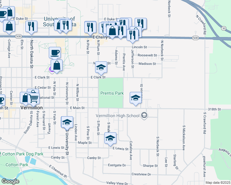 map of restaurants, bars, coffee shops, grocery stores, and more near 800 East Clark Street in Vermillion
