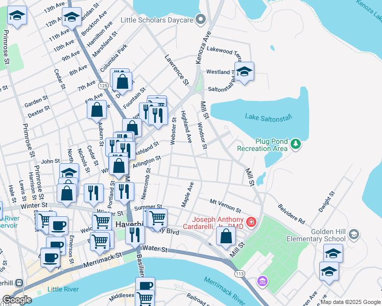 map of restaurants, bars, coffee shops, grocery stores, and more near 33 Highland Avenue in Haverhill