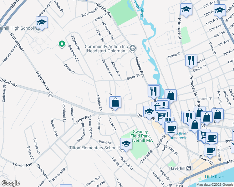 map of restaurants, bars, coffee shops, grocery stores, and more near 52 Brook Street in Haverhill