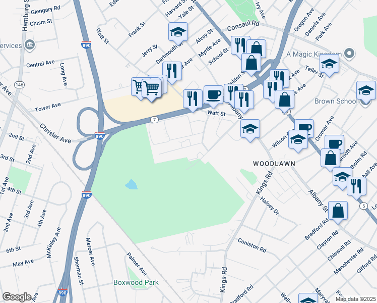 map of restaurants, bars, coffee shops, grocery stores, and more near 201 Queens Drive in Schenectady