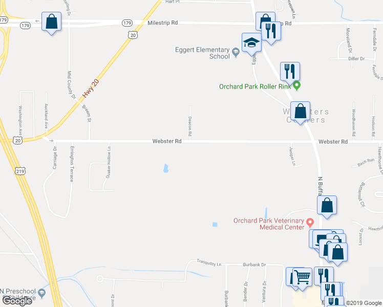map of restaurants, bars, coffee shops, grocery stores, and more near 6225 Webster Road in Orchard Park