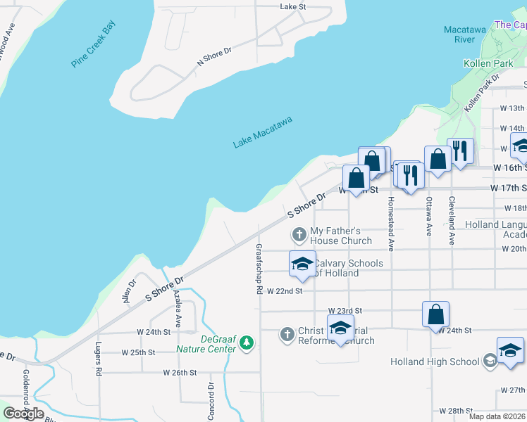 map of restaurants, bars, coffee shops, grocery stores, and more near 437 Graafschap Road in Holland