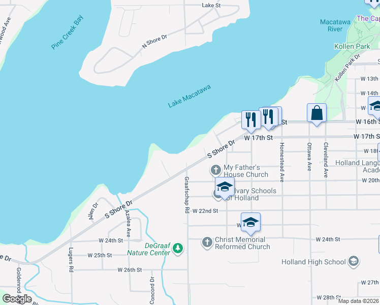 map of restaurants, bars, coffee shops, grocery stores, and more near 437 Graafschap Road in Holland