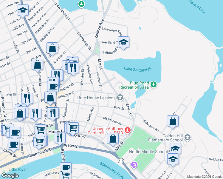 map of restaurants, bars, coffee shops, grocery stores, and more near 196 Mill Street in Haverhill