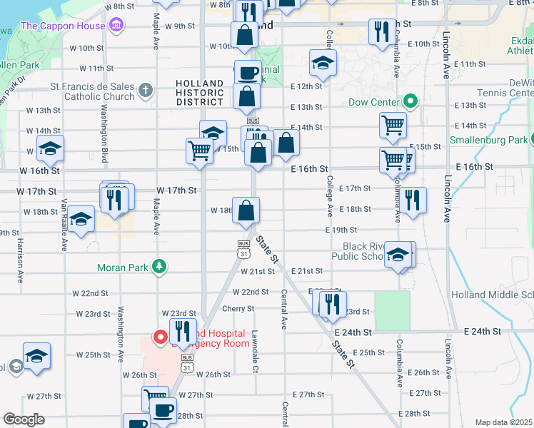 map of restaurants, bars, coffee shops, grocery stores, and more near 24 West 18th Street in Holland