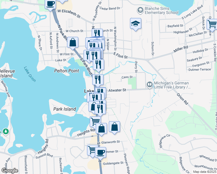 map of restaurants, bars, coffee shops, grocery stores, and more near 153 Atwater Street in Orion charter Township