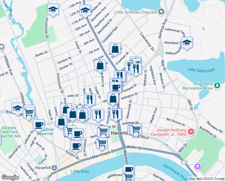 map of restaurants, bars, coffee shops, grocery stores, and more near 94 Portland Street in Haverhill