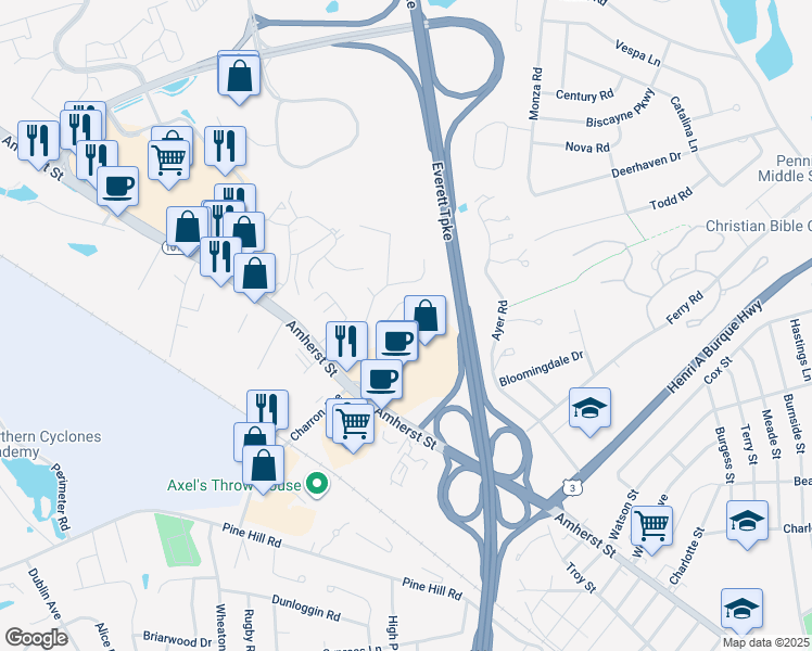 map of restaurants, bars, coffee shops, grocery stores, and more near 20 Profile Circle in Nashua