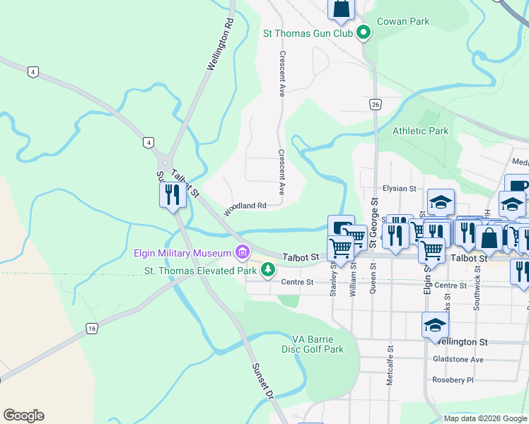 map of restaurants, bars, coffee shops, grocery stores, and more near 5 Woodland Road in St. Thomas