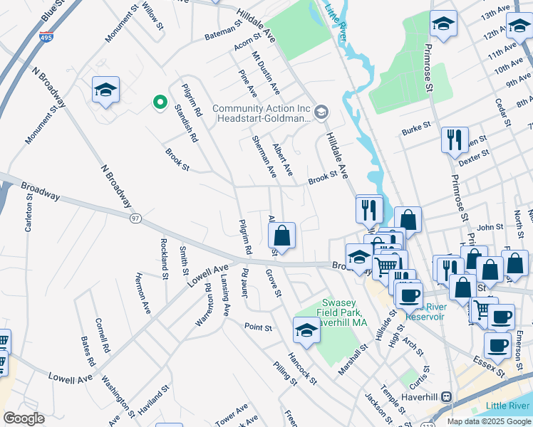 map of restaurants, bars, coffee shops, grocery stores, and more near 55 Altamont Street in Haverhill
