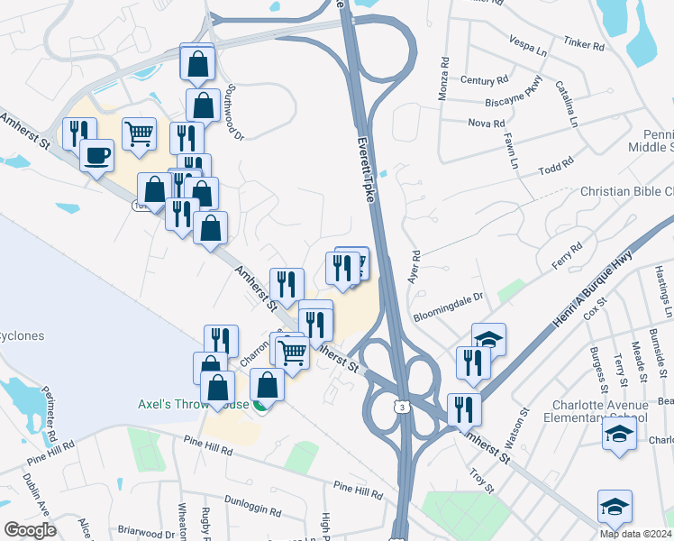 map of restaurants, bars, coffee shops, grocery stores, and more near 20 Profile Circle in Nashua