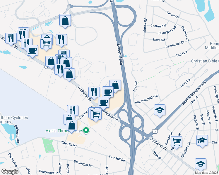map of restaurants, bars, coffee shops, grocery stores, and more near 20 Profile Circle in Nashua