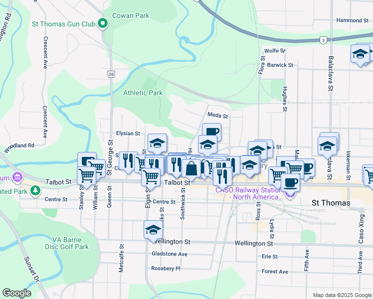 map of restaurants, bars, coffee shops, grocery stores, and more near in St. Thomas