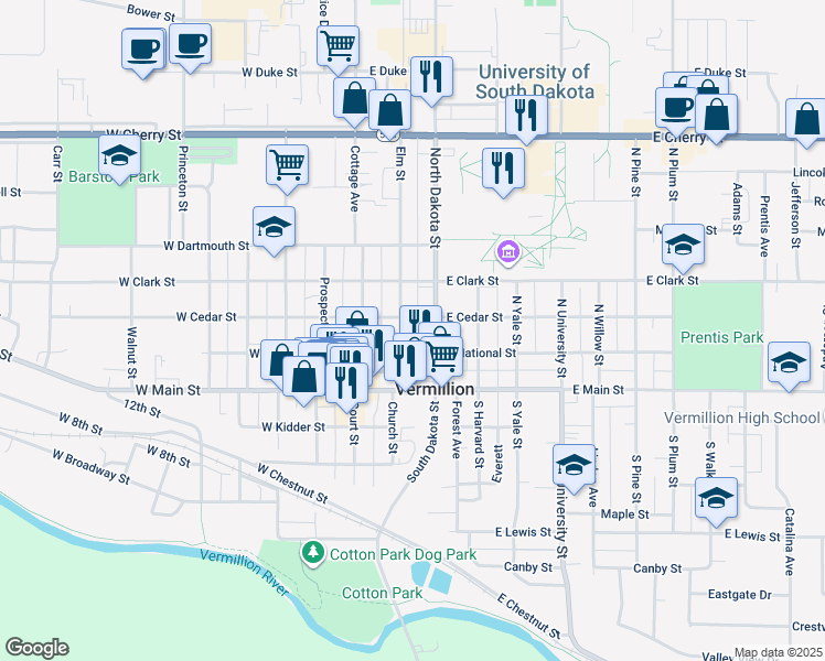 map of restaurants, bars, coffee shops, grocery stores, and more near 100-148 East Cedar Street in Vermillion