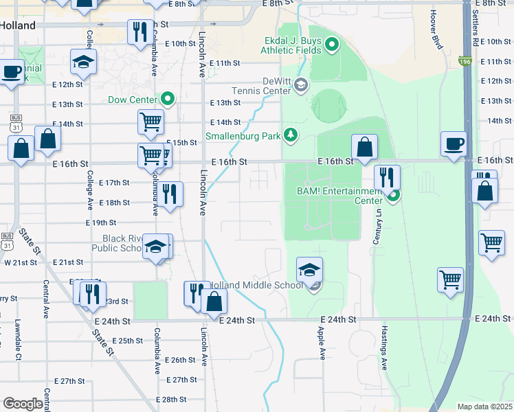 map of restaurants, bars, coffee shops, grocery stores, and more near 292 East 18th Street in Holland