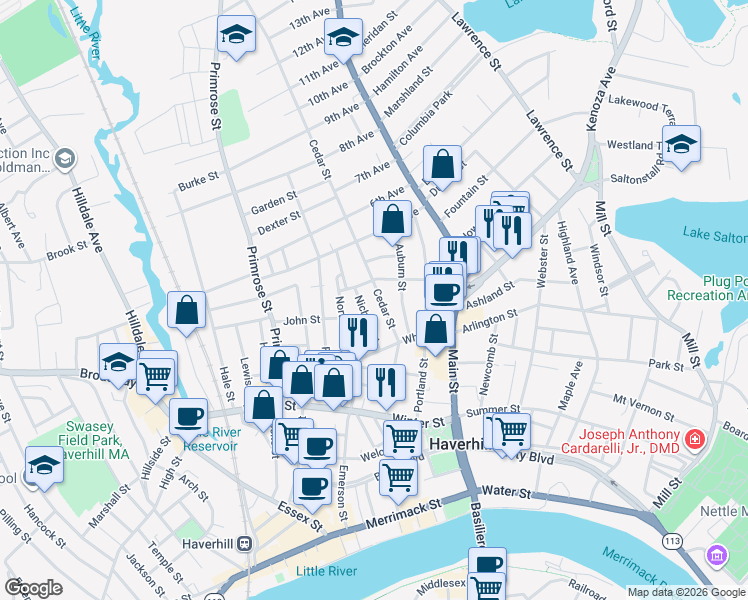 map of restaurants, bars, coffee shops, grocery stores, and more near 37 Cedar Street in Haverhill