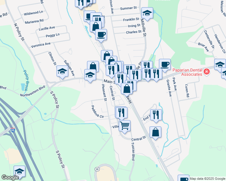 map of restaurants, bars, coffee shops, grocery stores, and more near 11 Central Street in Salem