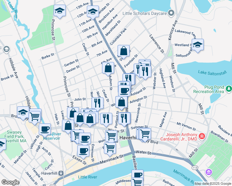 map of restaurants, bars, coffee shops, grocery stores, and more near 86 Portland Street in Haverhill