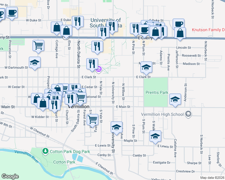 map of restaurants, bars, coffee shops, grocery stores, and more near 114 North University Street in Vermillion