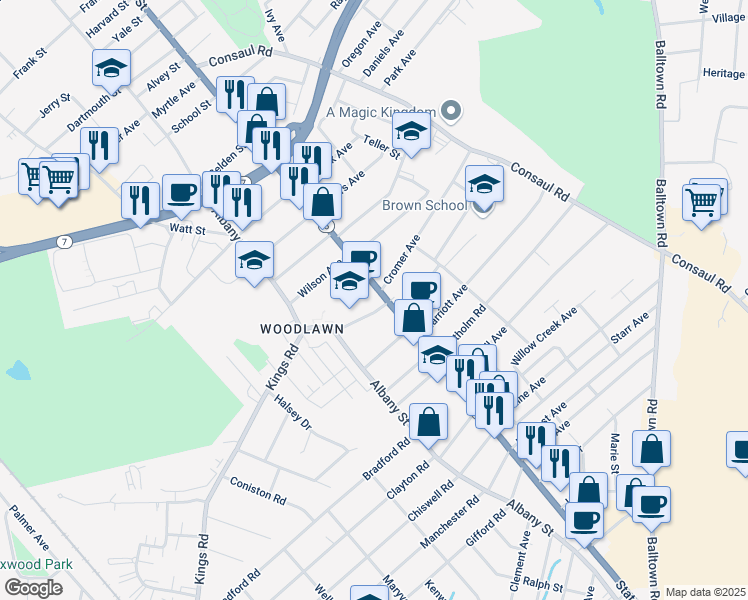 map of restaurants, bars, coffee shops, grocery stores, and more near 1761 State Street in Schenectady