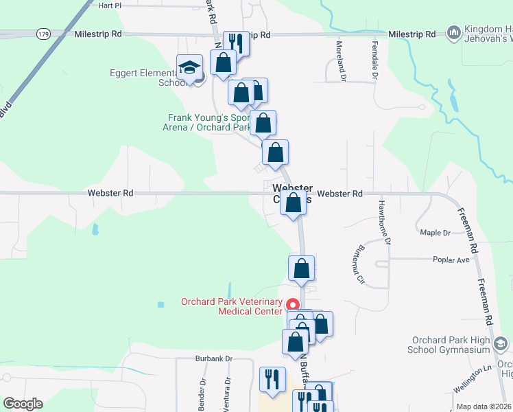 map of restaurants, bars, coffee shops, grocery stores, and more near 6435 Webster Road in Orchard Park