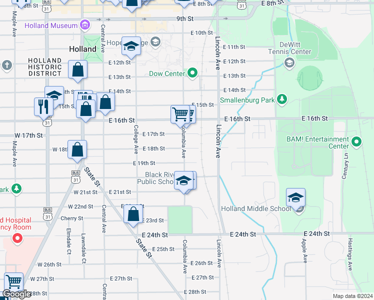 map of restaurants, bars, coffee shops, grocery stores, and more near 433 Columbia Avenue in Holland