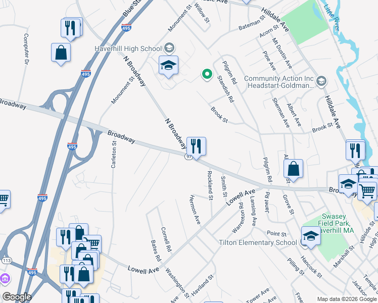 map of restaurants, bars, coffee shops, grocery stores, and more near 22 North Broadway in Haverhill