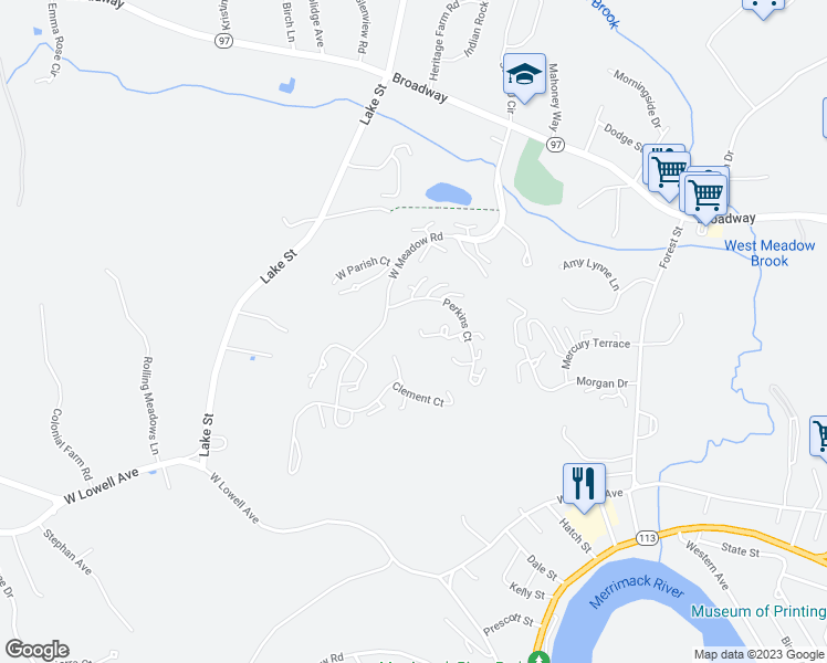 map of restaurants, bars, coffee shops, grocery stores, and more near 37 Perkins Court in Haverhill