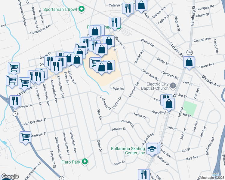 map of restaurants, bars, coffee shops, grocery stores, and more near 2021 1/2 Pyle Road in Schenectady