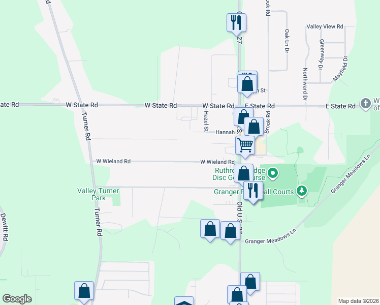 map of restaurants, bars, coffee shops, grocery stores, and more near 1252 West Wieland Road in Lansing