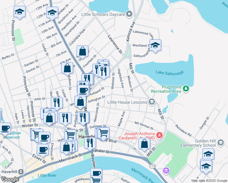 map of restaurants, bars, coffee shops, grocery stores, and more near 79 Grant Street in Haverhill