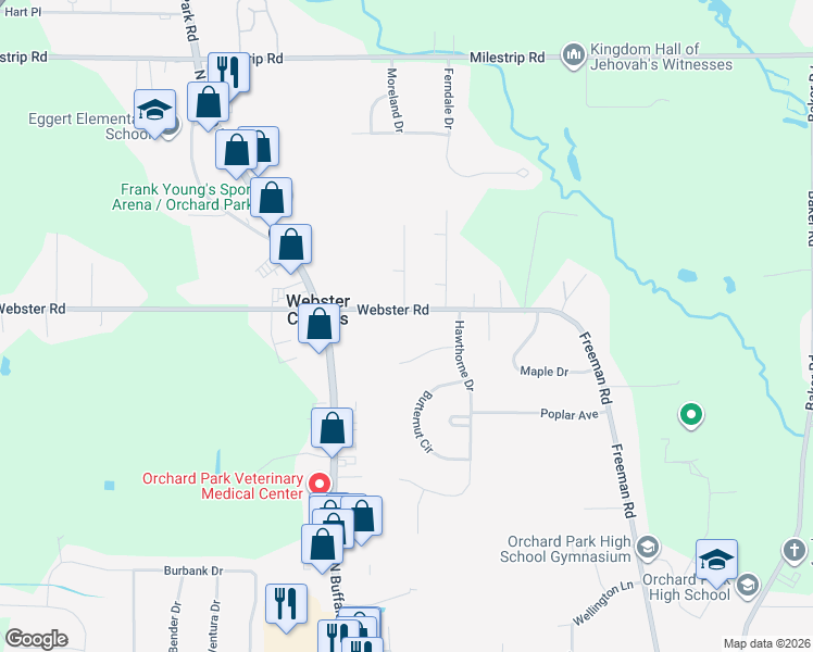 map of restaurants, bars, coffee shops, grocery stores, and more near 6683 Webster Rd in Orchard Park