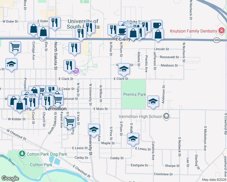 map of restaurants, bars, coffee shops, grocery stores, and more near 707 East Cedar Street in Vermillion