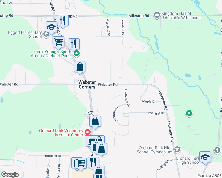 map of restaurants, bars, coffee shops, grocery stores, and more near 6683 Webster Road in Orchard Park