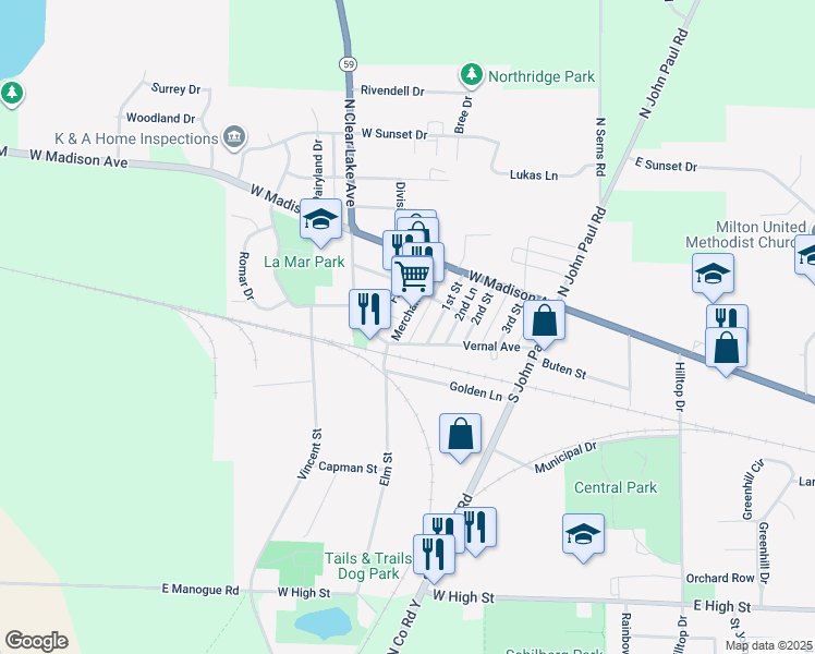 map of restaurants, bars, coffee shops, grocery stores, and more near 202 Merchant Row in Milton