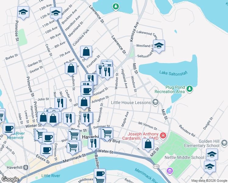map of restaurants, bars, coffee shops, grocery stores, and more near 86 Webster Street in Haverhill