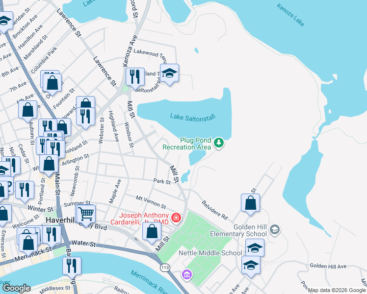 map of restaurants, bars, coffee shops, grocery stores, and more near 3 Arlington Terrace in Haverhill