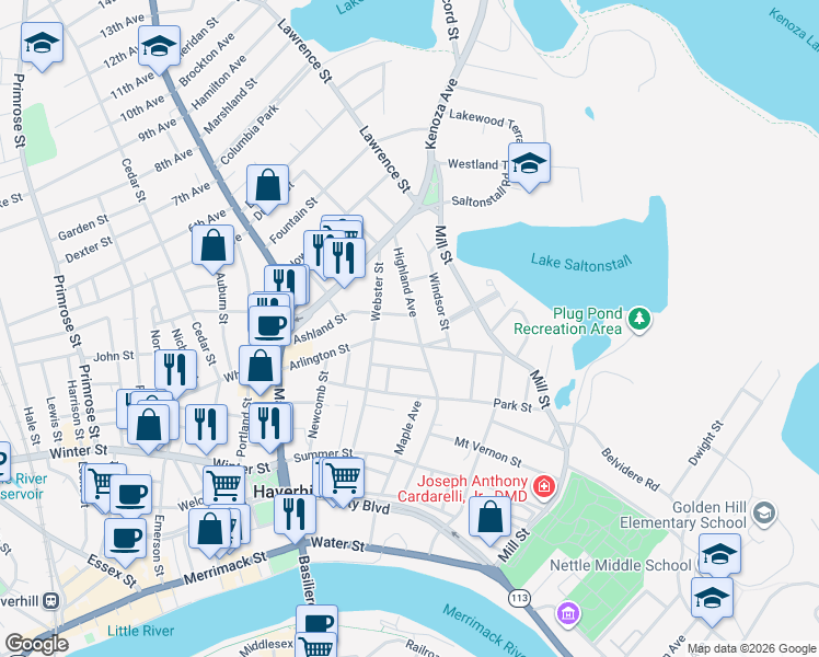 map of restaurants, bars, coffee shops, grocery stores, and more near 79 Grant Street in Haverhill