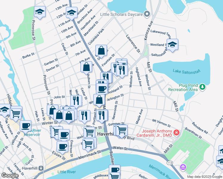 map of restaurants, bars, coffee shops, grocery stores, and more near 15 Kenoza Avenue in Haverhill
