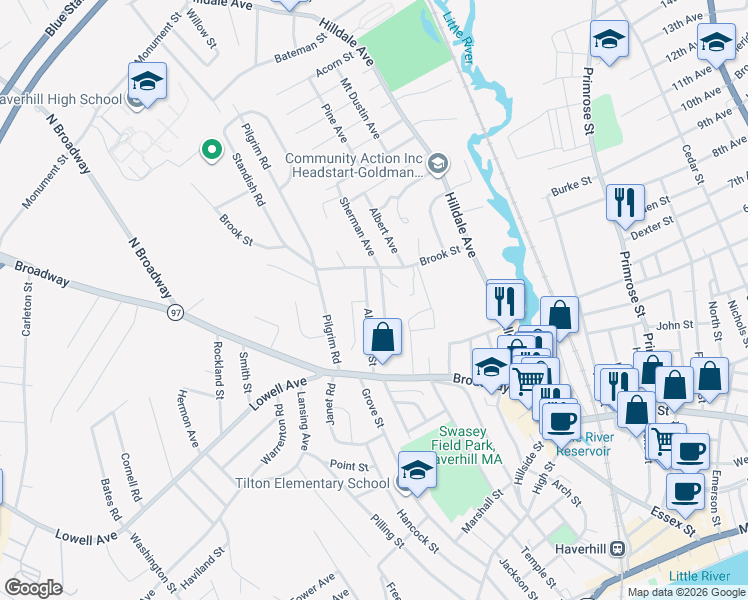map of restaurants, bars, coffee shops, grocery stores, and more near 55 Altamont Street in Haverhill