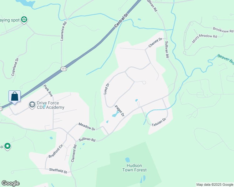 map of restaurants, bars, coffee shops, grocery stores, and more near 48 Lund Drive in Hudson