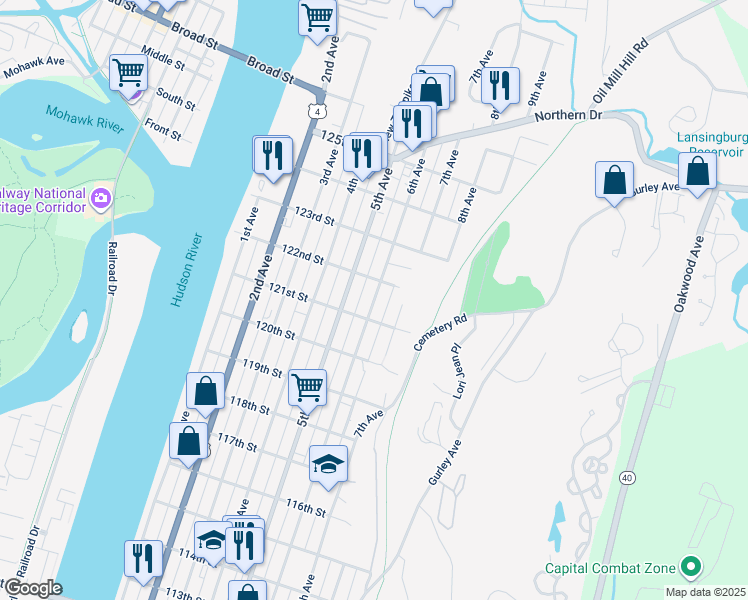 map of restaurants, bars, coffee shops, grocery stores, and more near 777 6th Avenue in Troy