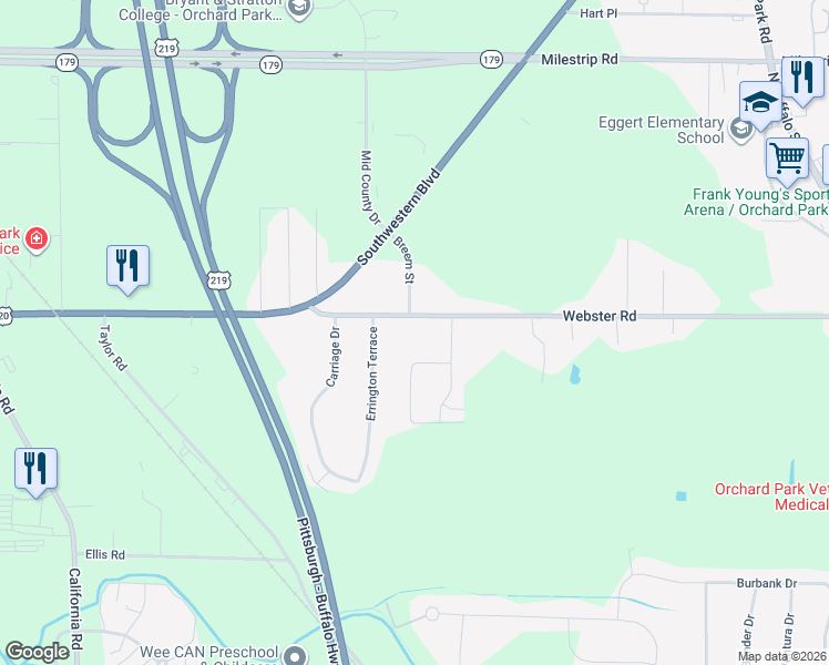 map of restaurants, bars, coffee shops, grocery stores, and more near 6003 Webster Road in Orchard Park