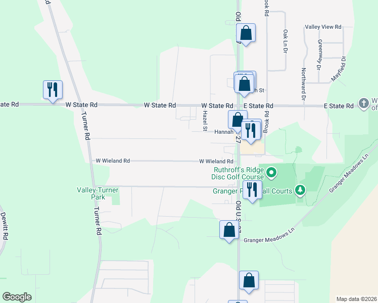 map of restaurants, bars, coffee shops, grocery stores, and more near 1252 West Wieland Road in Lansing