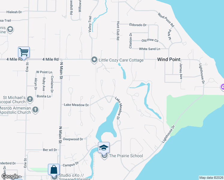 map of restaurants, bars, coffee shops, grocery stores, and more near 6 Cedarwood Court in Wind Point