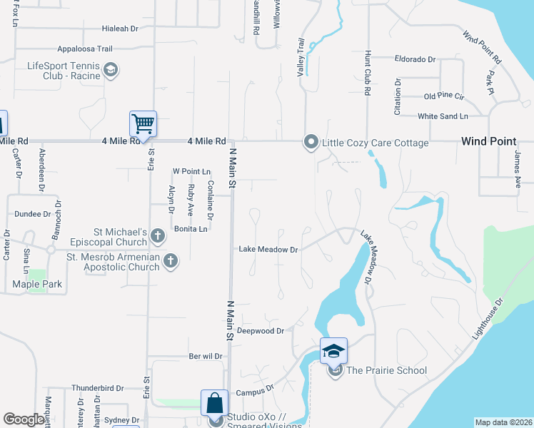 map of restaurants, bars, coffee shops, grocery stores, and more near 11 Cherrywood Court in Wind Point
