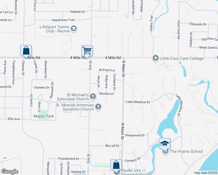 map of restaurants, bars, coffee shops, grocery stores, and more near 4750 Ruby Avenue in Racine