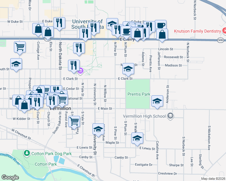 map of restaurants, bars, coffee shops, grocery stores, and more near 707 East Cedar Street in Vermillion
