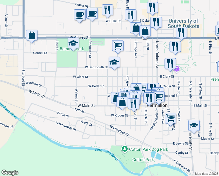 map of restaurants, bars, coffee shops, grocery stores, and more near 251-299 W Cedar St in Vermillion