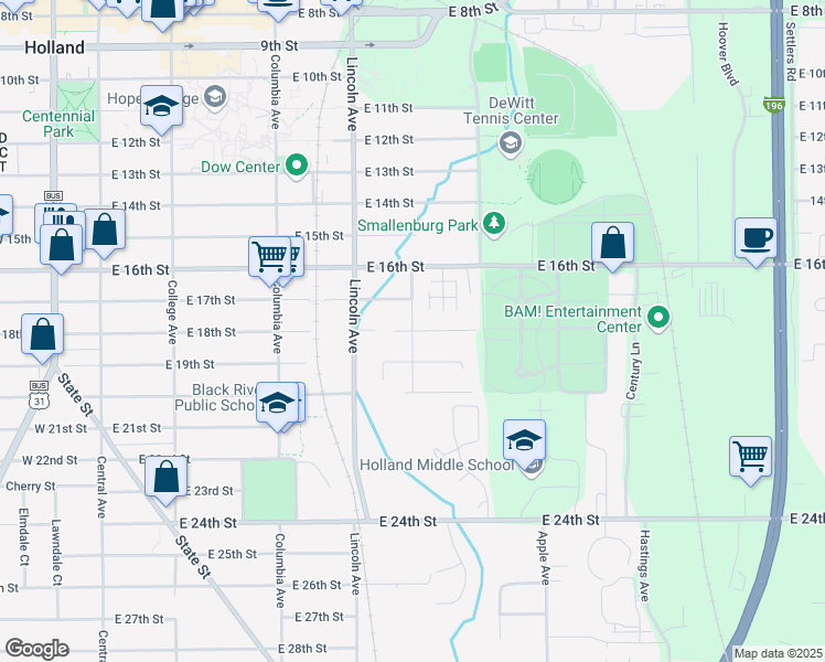 map of restaurants, bars, coffee shops, grocery stores, and more near Hazel Avenue in Holland